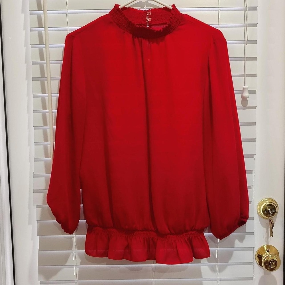 RED PEPLUM LONG SLEEVE WOMENS LARGE SHIRT SHABBY CHIC COTTAGECORE FEMININE